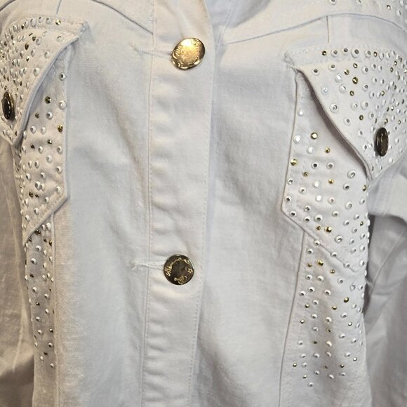 DG2 Diane Gilman White Rhinestone Jacket Size 1X Button-up Pockets Cotton Romie - Picture 4 of 8